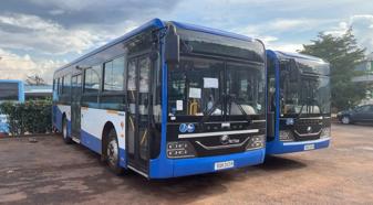 Two blue busses lined up next to each other