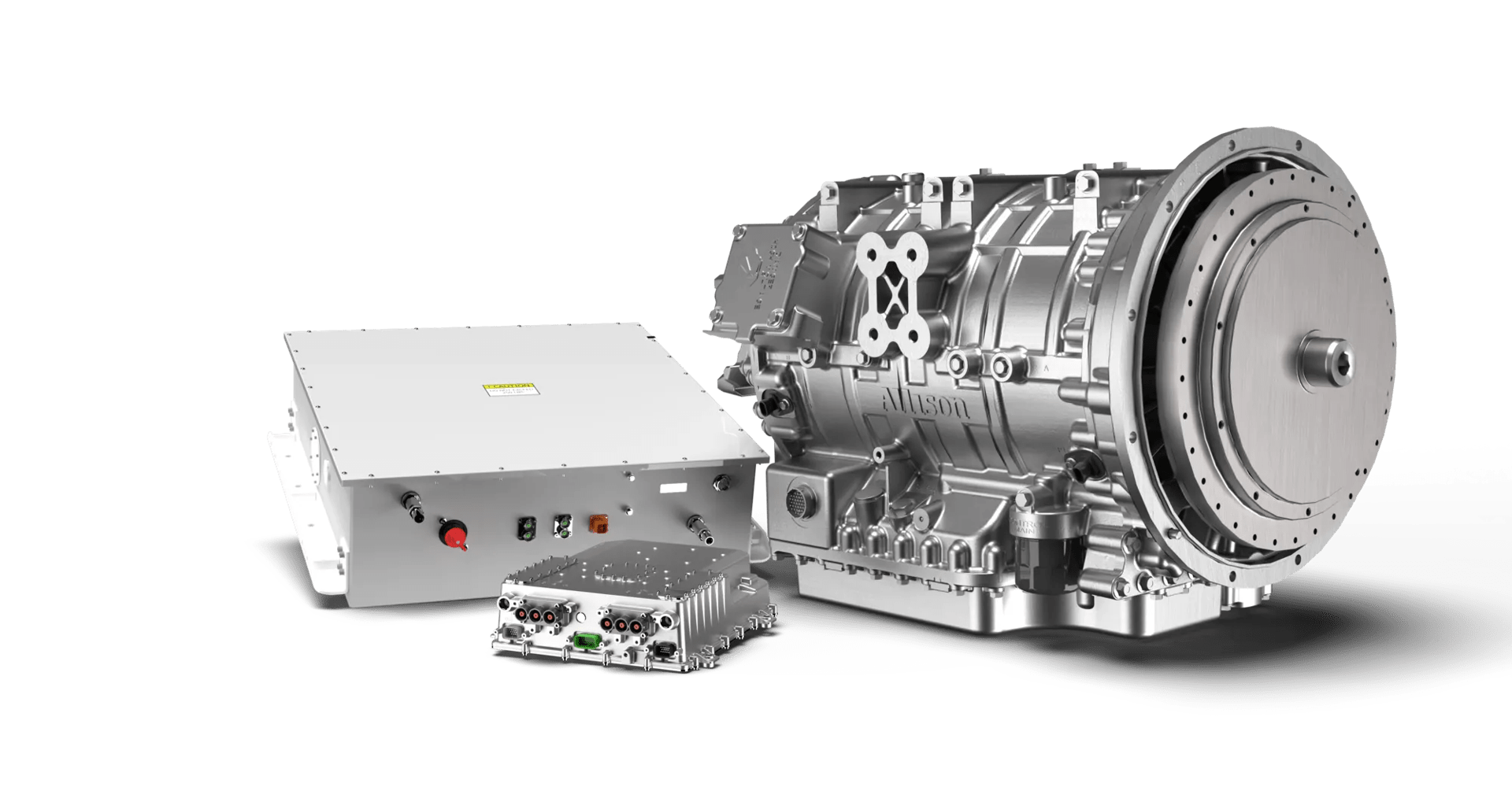 A product render of the three components of the Allison eGen Flex: the drive unit, the inverter and the RESS