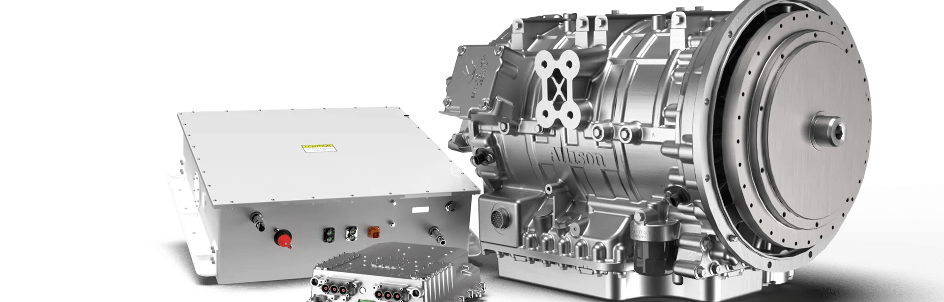 A product render of the three components of the Allison eGen Flex: the drive unit, the inverter and the RESS
