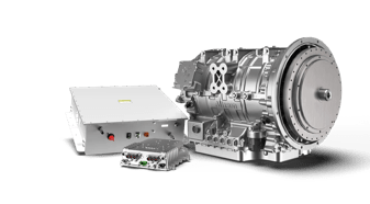 A product render of the three components of the Allison eGen Flex: the drive unit, the inverter and the RESS