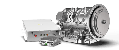 A product render of the three components of the Allison eGen Flex: the drive unit, the inverter and the RESS