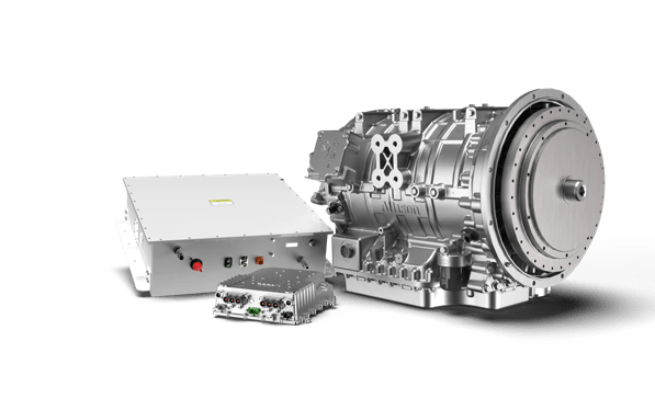 A product render of the three components of the Allison eGen Flex: the drive unit, the inverter and the RESS