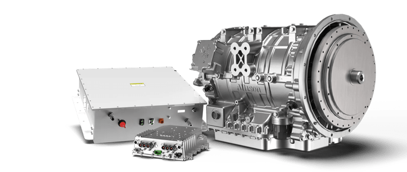 A product render of the three components of the Allison eGen Flex: the drive unit, the inverter and the RESS