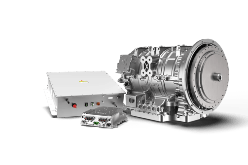 A product render of the three components of the Allison eGen Flex: the drive unit, the inverter and the RESS
