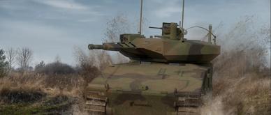 A military armored vehicle navigates a muddy field, its progress marked by the spray of water and soil. This modern design features a low silhouette and a formidable gun turret. The backdrop is a sky obscured by clouds and a distant treeline.