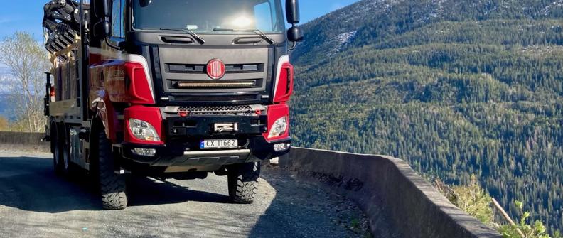 A red TATRA commercial truck, equipped with a substantial crane, is traversing a mountainous route, enveloped by a forested landscape under a cerulean sky adorned with wisps of white clouds.