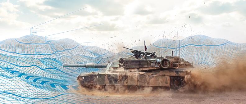 An Abrams tank is moving to the left of the screen. Dust is shown behind it and under the tracks. There are hills in the background that have blue line overlays to show movement.