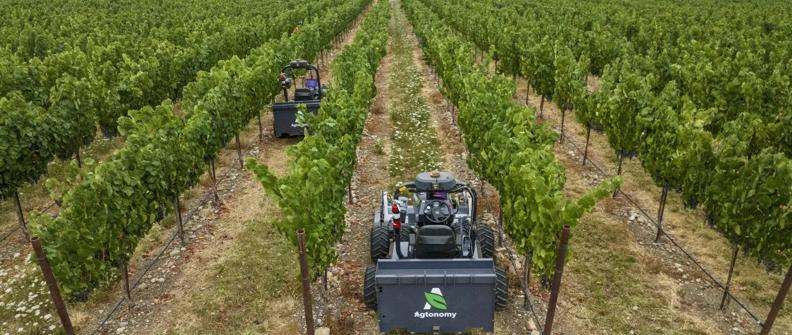 Agtonomy-enabled tractors autonomously mow rows in a California vineyard. Agtonomy's tele-guidance platform and software service remotely enables common agricultural field tasks, including multi-fleet management.