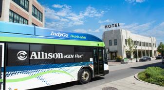 A photo of an IndyGo bus with the Allison eGen Flex logo on it.