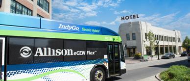 A photo of an IndyGo bus with the Allison eGen Flex logo on it.