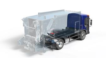 Truck with see-through storage container behind it