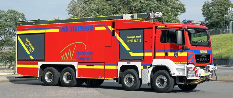 Chemiepark Knapsack’s MAN TGS red fire brigade truck with an Allison 4500 fully automatic transmission